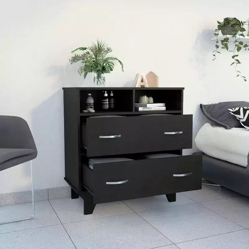 Commode de chambre élégante Okak avec 2 tiroirs et 2 étagères, grand placard de rangement pour salon, couloir, entrée