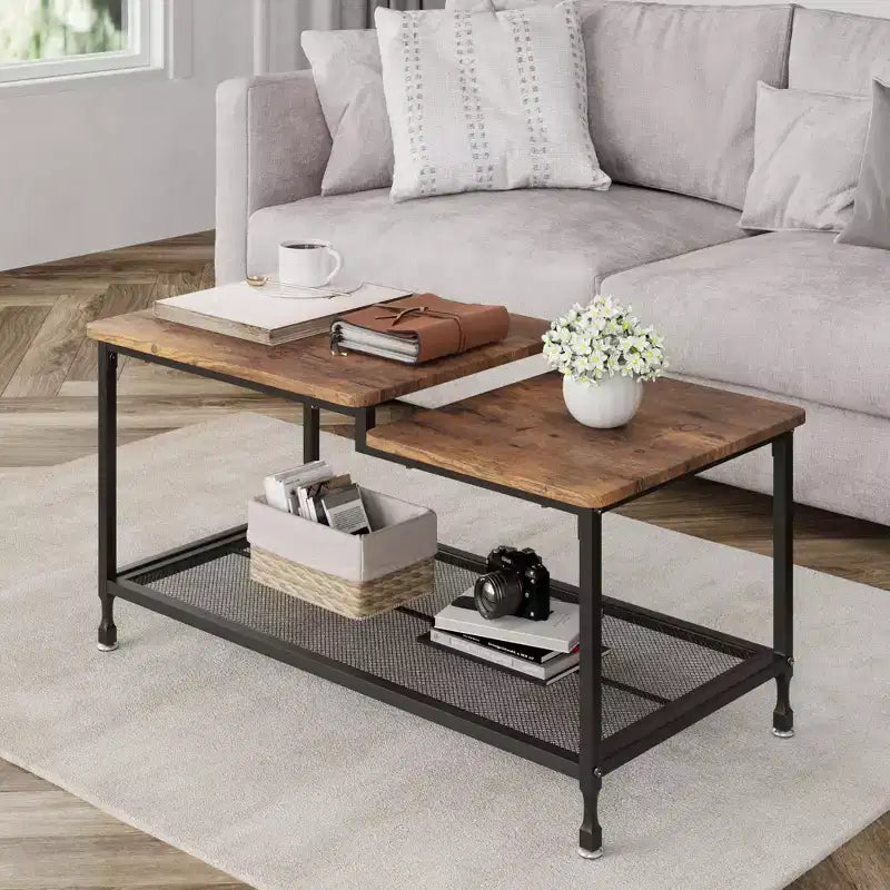 Coffee table,industrial living room table,2-story rustic middle table with mesh frame,rectangular coffee table,metal frame, easy to install