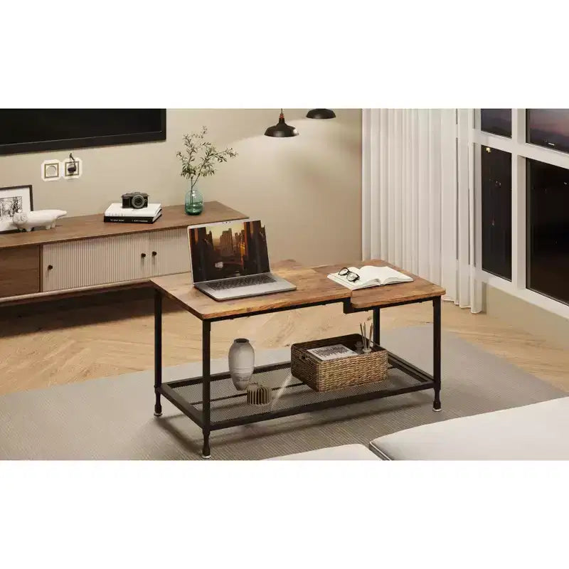 Table basse, table de salon industrielle, table centrale rustique à 2 étages avec cadre en maille, table basse rectangulaire, cadre en métal, facile à installer