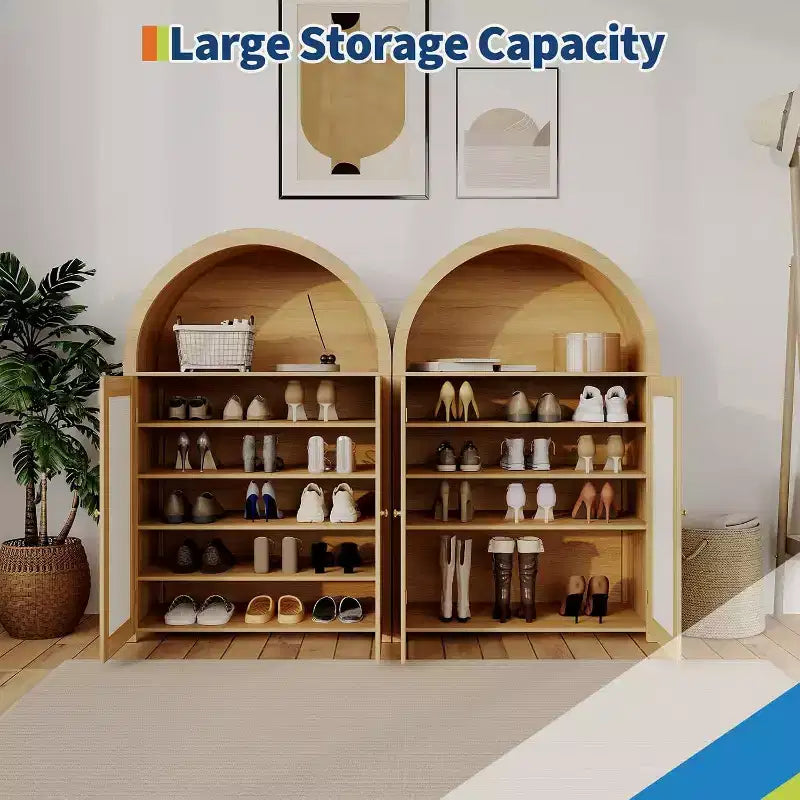 Buffet de rangement autoportant moderne arqué de 119 cm avec portes en rotin, pour salon, salle à manger, cuisine, naturel