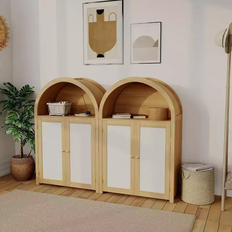 Buffet de rangement autoportant moderne arqué de 119 cm avec portes en rotin, pour salon, salle à manger, cuisine, naturel