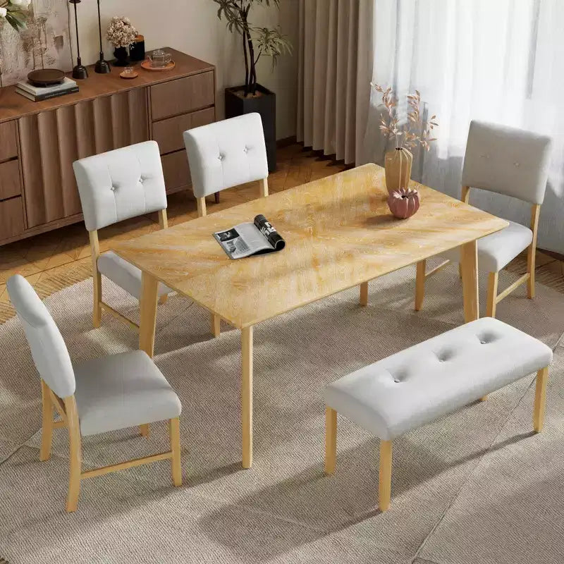 MAYEERTY Ensemble de salle à manger 6 pièces style ferme, Table en bois massif, 4 chaises et banc, Lavis bois naturel