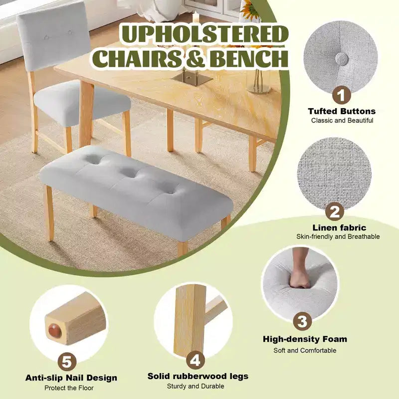 MAYEERTY Ensemble de salle à manger 6 pièces style ferme, Table en bois massif, 4 chaises et banc, Lavis bois naturel