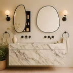 TEHOME Meuble de salle de bain mural noir avec miroir, verre argenté asymétrique irrégulier avec étagères réglables en verre trempé