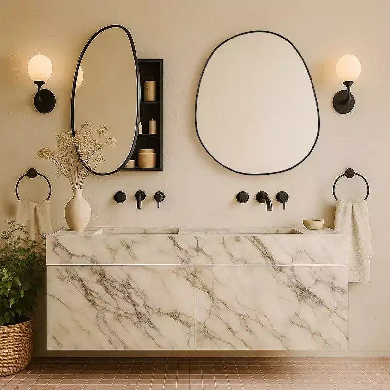 TEHOME Meuble de salle de bain mural noir avec miroir, verre argenté asymétrique irrégulier avec étagères réglables en verre trempé