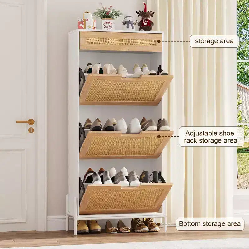 Meuble à chaussures en rotin naturel, 3 portes abattantes avec 1 tiroir, meuble de rangement autonome avec étagères réglables à 3 niveaux pour l'entrée