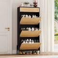 Natural Rattan 3 Flip Door with 1 Drawer Shoe Rack Storage Cabinet, Shoe Cabinet Organizer Freestanding with 3-Tier Adjustable Shelves for Entryway