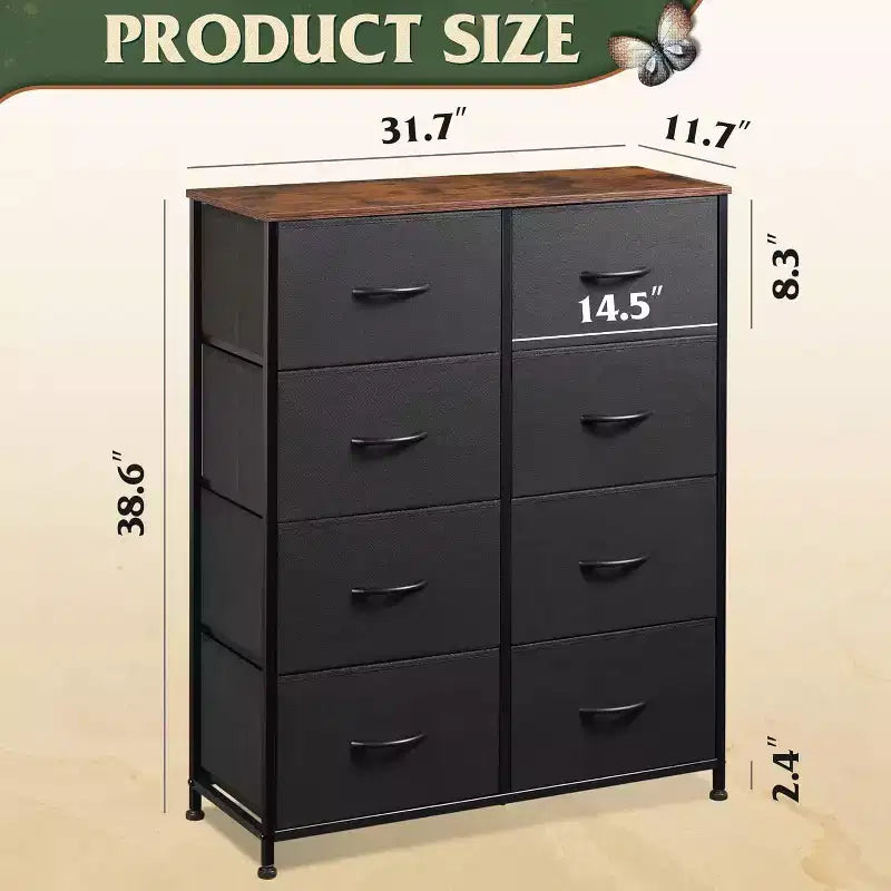 Commode de rangement verticale à 8 tiroirs en tissu pour chambre, placard, dortoir et couloir – Unité double, noir et marron rustique