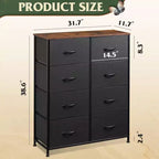 Commode de rangement verticale à 8 tiroirs en tissu pour chambre, placard, dortoir et couloir – Unité double, noir et marron rustique