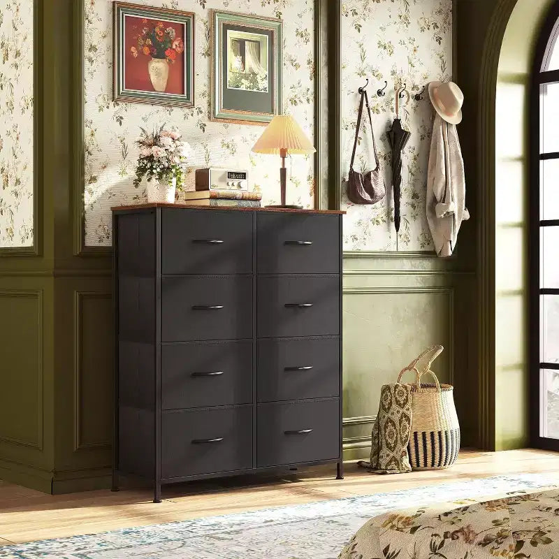 Commode de rangement verticale à 8 tiroirs en tissu pour chambre, placard, dortoir et couloir – Unité double, noir et marron rustique