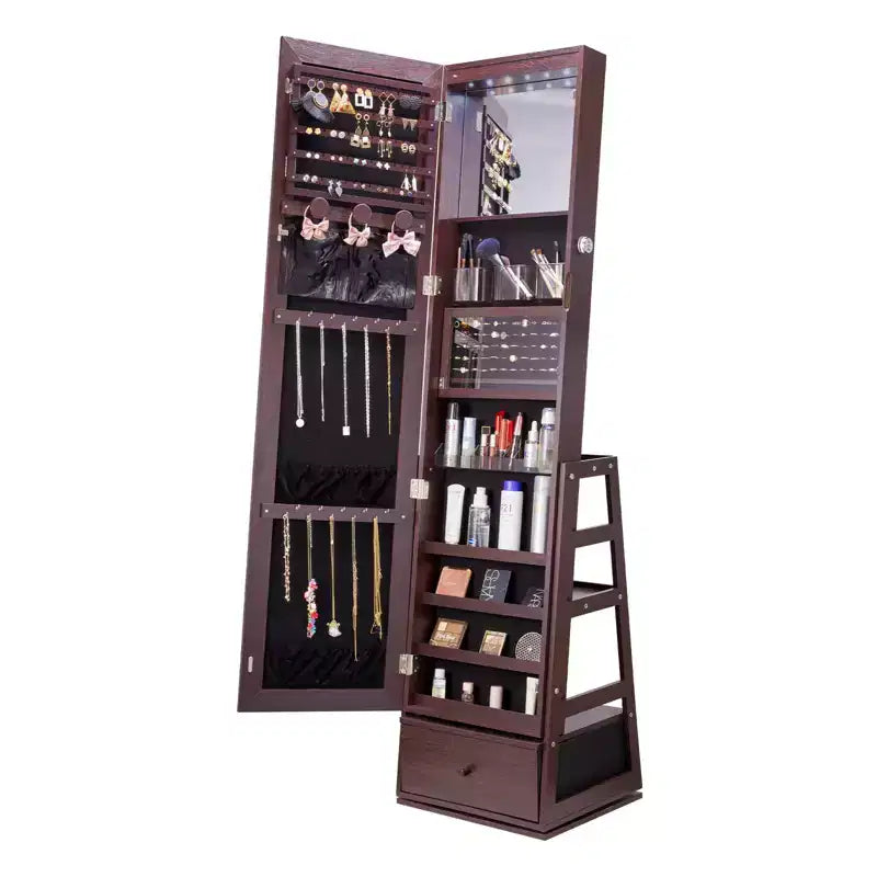 VEVOR Mirror Jewelry Cabinet, 360 Swivel Standing Mirror with Storage, Lockable Jewelry Mirror Organizer with Full Length Mirror, Brown