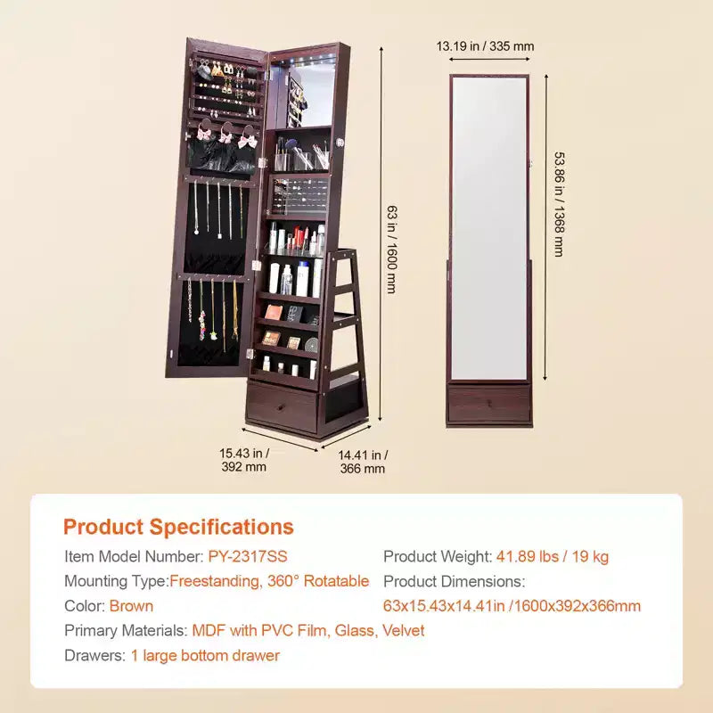 Meuble à bijoux VEVOR avec miroir, miroir pivotant à 360° avec rangement, organisateur de bijoux verrouillable avec miroir pleine longueur, marron