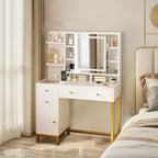 Coiffeuse avec miroir et lumières, table de maquillage éclairée HD de 25,6 po avec 3 tiroirs, 8 étagères, pour chambre à coucher ou dressing - Blanc