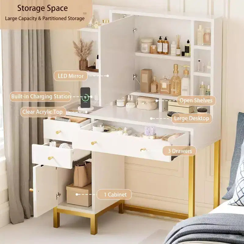Coiffeuse avec miroir et lumières, table de maquillage éclairée HD de 25,6 po avec 3 tiroirs, 8 étagères, pour chambre à coucher ou dressing - Blanc