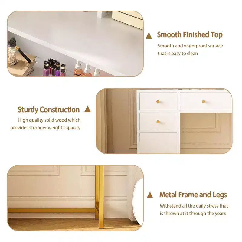 Coiffeuse avec miroir et lumières, table de maquillage éclairée HD de 25,6 po avec 3 tiroirs, 8 étagères, pour chambre à coucher ou dressing - Blanc