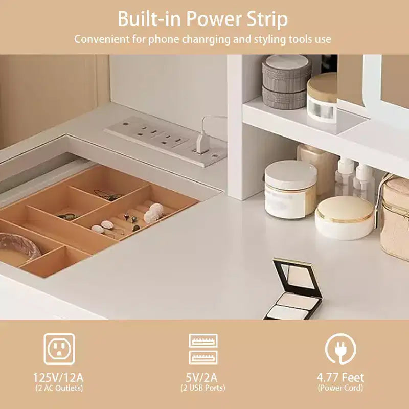 Coiffeuse avec miroir et lumières, table de maquillage éclairée HD de 25,6 po avec 3 tiroirs, 8 étagères, pour chambre à coucher ou dressing - Blanc