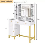 Coiffeuse avec miroir et lumières, table de maquillage éclairée HD de 25,6 po avec 3 tiroirs, 8 étagères, pour chambre à coucher ou dressing - Blanc