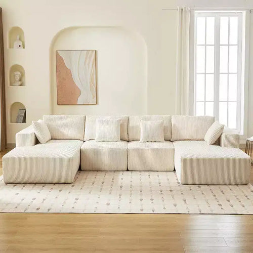 Acekool 137 U-Shaped Cloud Sectional - No Assembly Corduroy Sofa with Convertible Chaise & Deep Seating for Living Rooms (White)