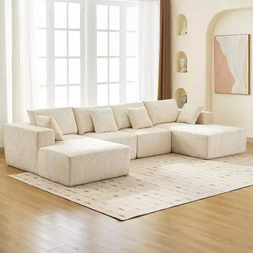 Acekool 137 Canapé d'angle en velours côtelé en forme de U, sans assemblage, avec méridienne convertible et assise profonde pour salons (Blanc)
