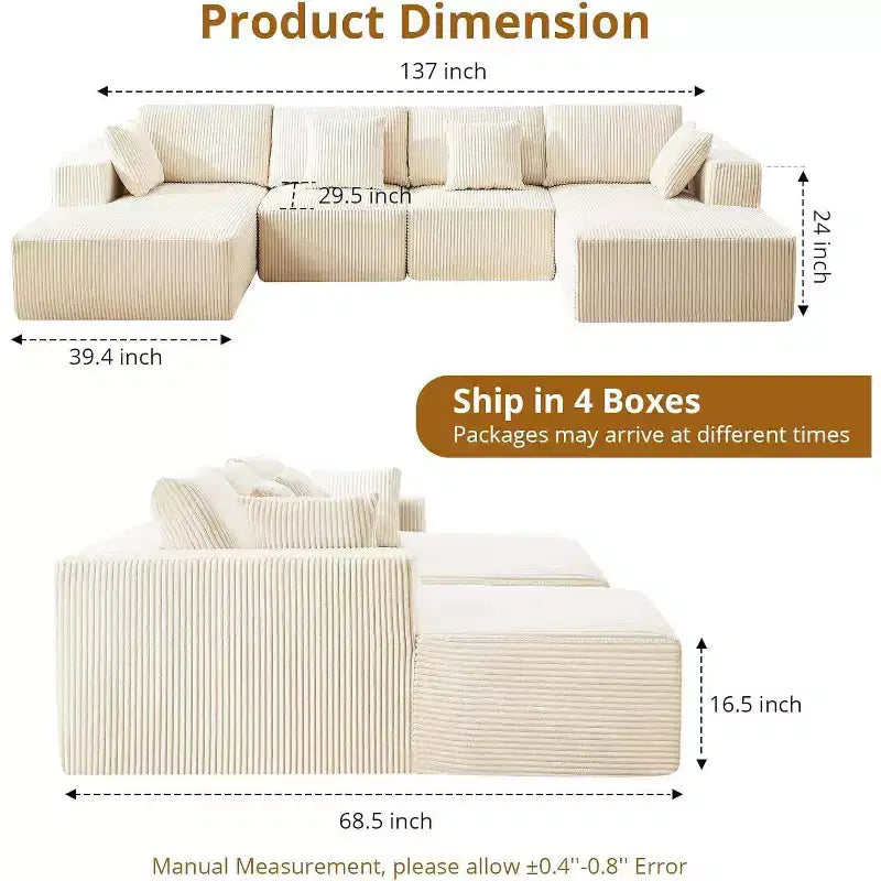 Acekool 137 Canapé d'angle en velours côtelé en forme de U, sans assemblage, avec méridienne convertible et assise profonde pour salons (Blanc)
