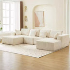 Acekool 137 Canapé d'angle en velours côtelé en forme de U, sans assemblage, avec méridienne convertible et assise profonde pour salons (Blanc)