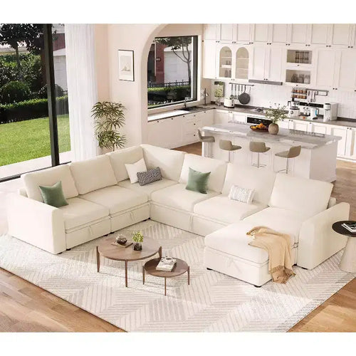 Canapé d'angle convertible Acekool en U avec lit gigogne, canapé modulaire, sièges de rangement et pouf, convertible pour salon