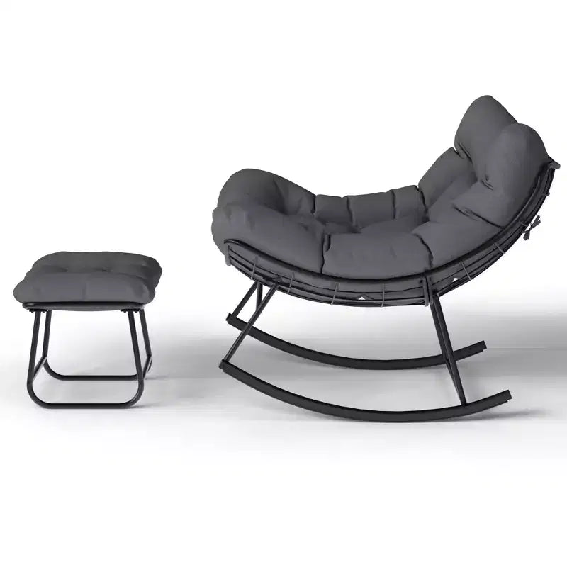 Chaise berçante d'extérieur TROPOW Papasan avec ottoman, grand fauteuil œuf en osier pour patio avec coussin épais et moelleux, fauteuil à bascule de salon, fauteuils de lecture confortables