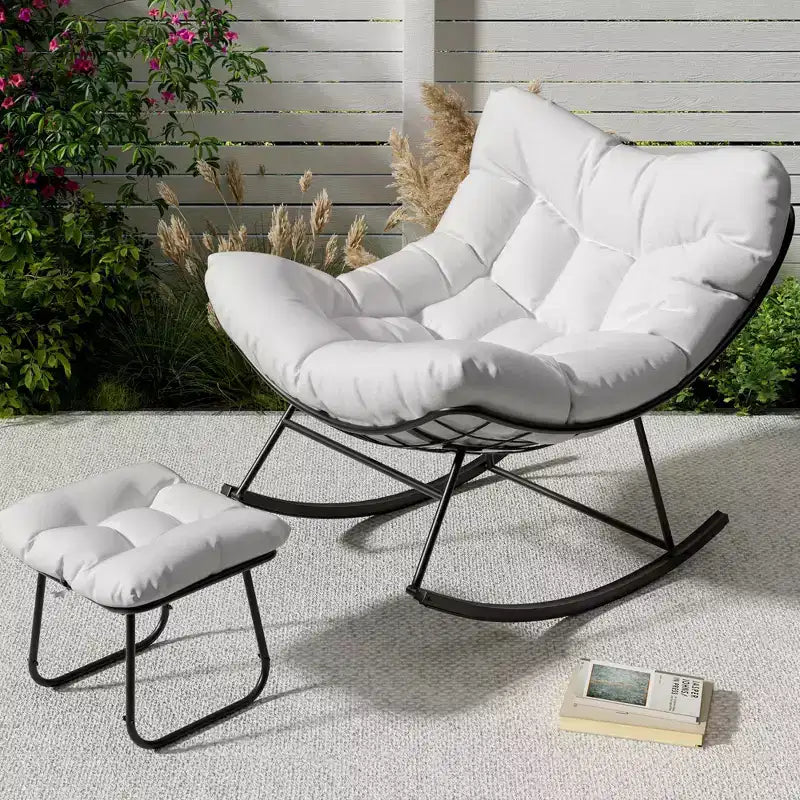 Chaise berçante d'extérieur TROPOW Papasan avec ottoman, grand fauteuil œuf en osier pour patio avec coussin épais et moelleux, fauteuil à bascule de salon, fauteuils de lecture confortables