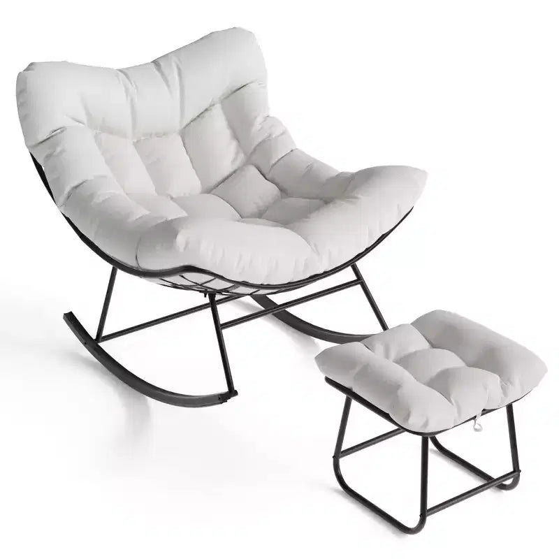 Chaise berçante d'extérieur TROPOW Papasan avec ottoman, grand fauteuil œuf en osier pour patio avec coussin épais et moelleux, fauteuil à bascule de salon, fauteuils de lecture confortables