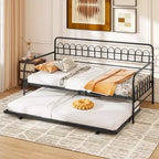 Costway Twin Daybed with Trundle Curved Backrest & Armrests Heavy-duty Metal Slats Black/Gold