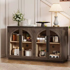 MAYEERTY Bahut de rangement 4 portes avec portes vitrées et étagères réglables pour salon ou cuisine, couleur expresso