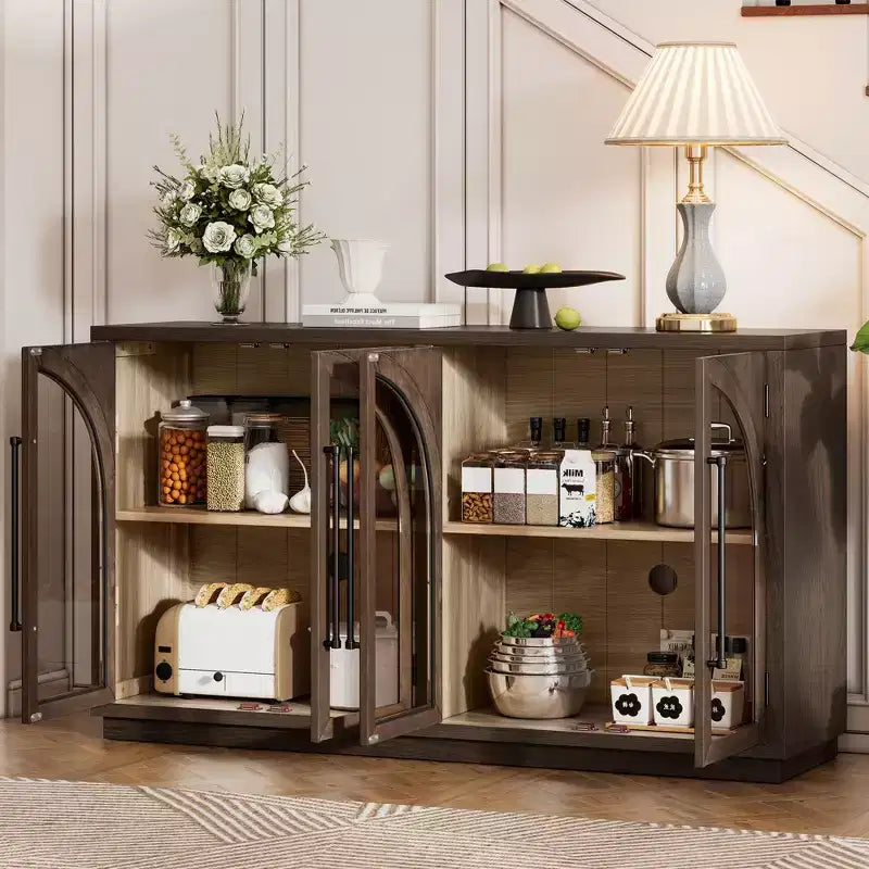MAYEERTY Bahut de rangement 4 portes avec portes vitrées et étagères réglables pour salon ou cuisine, couleur expresso