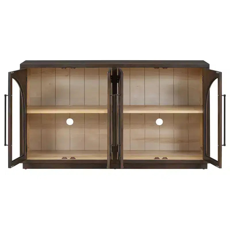 MAYEERTY Bahut de rangement 4 portes avec portes vitrées et étagères réglables pour salon ou cuisine, couleur expresso