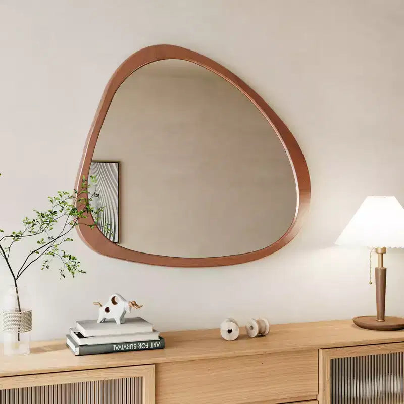 Miroir Asymétrique en Bois Massif 45 Pouces, Miroir Mural avec Cadre en Bois, Grand Miroir de Chambre/Coiffeuse