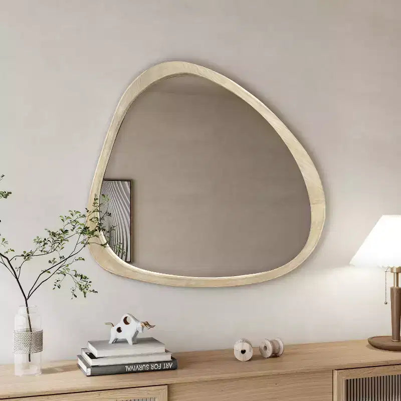 Miroir Asymétrique en Bois Massif 45 Pouces, Miroir Mural avec Cadre en Bois, Grand Miroir de Chambre/Coiffeuse