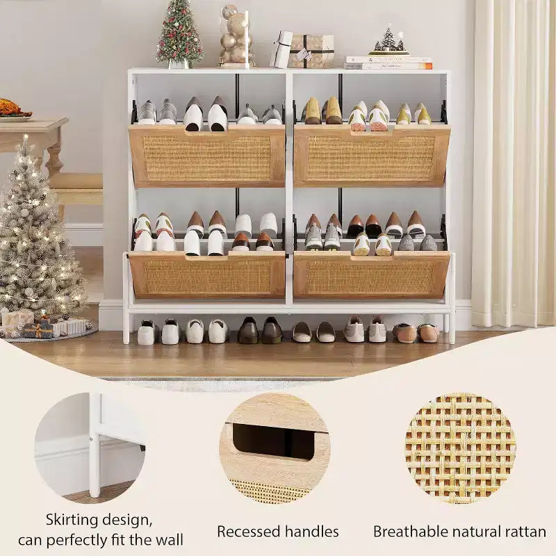 Meuble de rangement en rotin naturel avec 2 tiroirs basculants, meuble à chaussures en bois pour entrée avec rangement, étagère réglable et pieds en métal