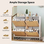 Meuble de rangement en rotin naturel avec 2 tiroirs basculants, meuble à chaussures en bois pour entrée avec rangement, étagère réglable et pieds en métal