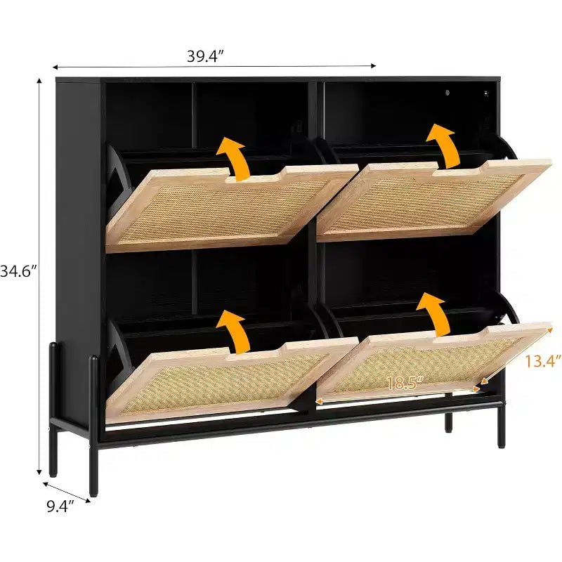 Meuble de rangement en rotin naturel avec 2 tiroirs basculants, meuble à chaussures en bois pour entrée avec rangement, étagère réglable et pieds en métal