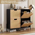 Meuble de rangement en rotin naturel avec 2 tiroirs basculants, meuble à chaussures en bois pour entrée avec rangement, étagère réglable et pieds en métal
