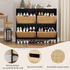 Meuble de rangement en rotin naturel avec 2 tiroirs basculants, meuble à chaussures en bois pour entrée avec rangement, étagère réglable et pieds en métal