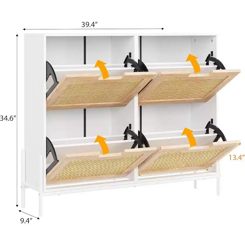 Meuble de rangement en rotin naturel avec 2 tiroirs basculants, meuble à chaussures en bois pour entrée avec rangement, étagère réglable et pieds en métal