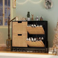Natural Rattan Storage Cabinet with 2 Flip Drawers, Wooden Entry Way Shoe Cabinet with Storage with Adjustable Shelf and Metal Legs