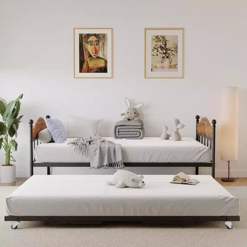 Lit de repos double en métal GustoWave avec lit gigogne pliant, lit de repos peu encombrant