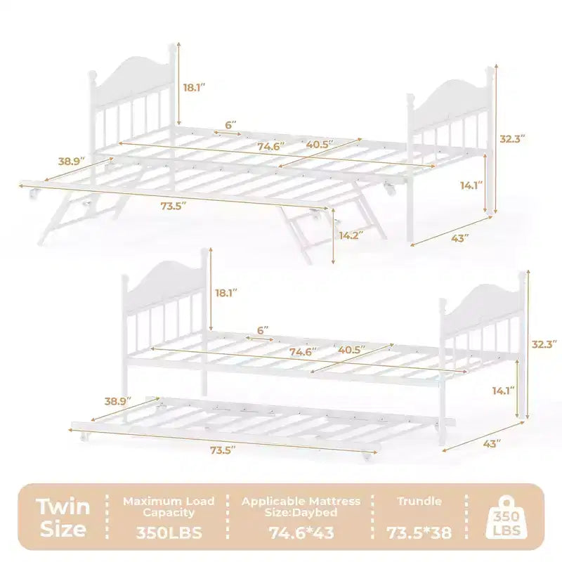 Lit de repos double en métal GustoWave avec lit gigogne pliant, lit de repos peu encombrant