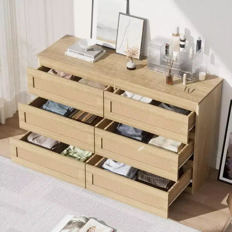 Commode en rotin à 6 tiroirs - Meuble de rangement en bois mince, Organisateur autoportant pour chambre et entrée