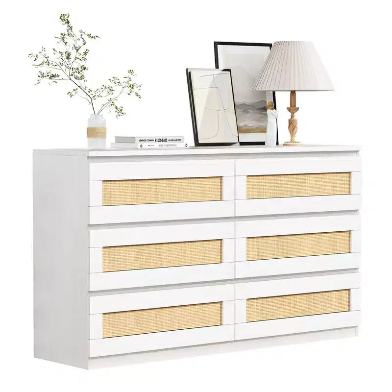 Commode en rotin à 6 tiroirs - Meuble de rangement en bois mince, Organisateur autoportant pour chambre et entrée