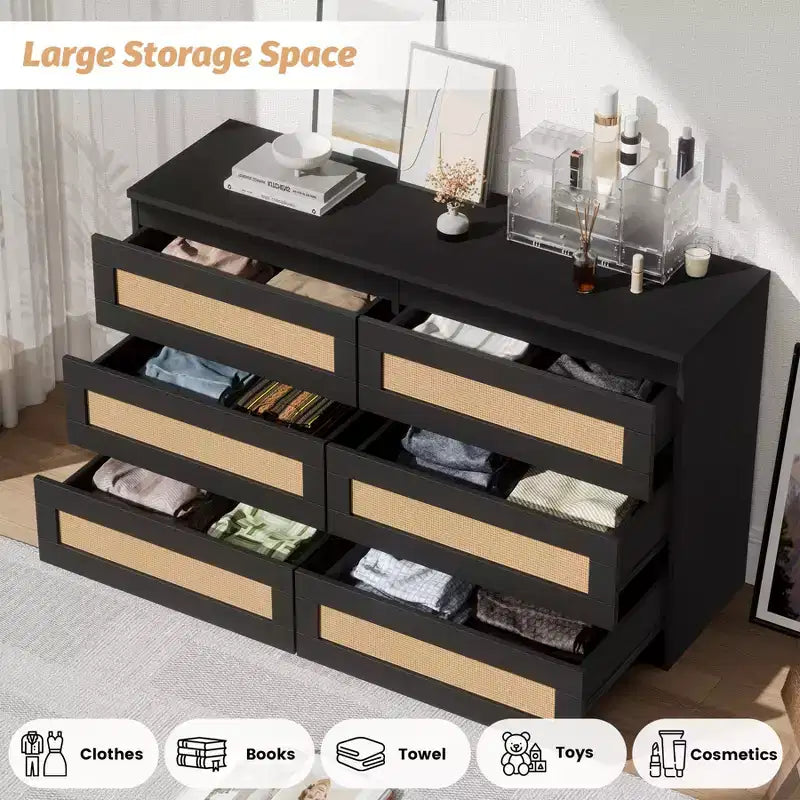 Commode en rotin à 6 tiroirs - Meuble de rangement en bois mince, Organisateur autoportant pour chambre et entrée