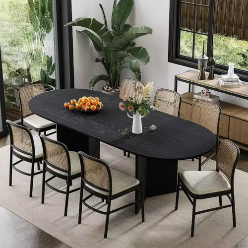 79 Farmhouse Large Oval Black Dining Table for 6-8 People with V-Shaped Legs for Dining Room and Living Room