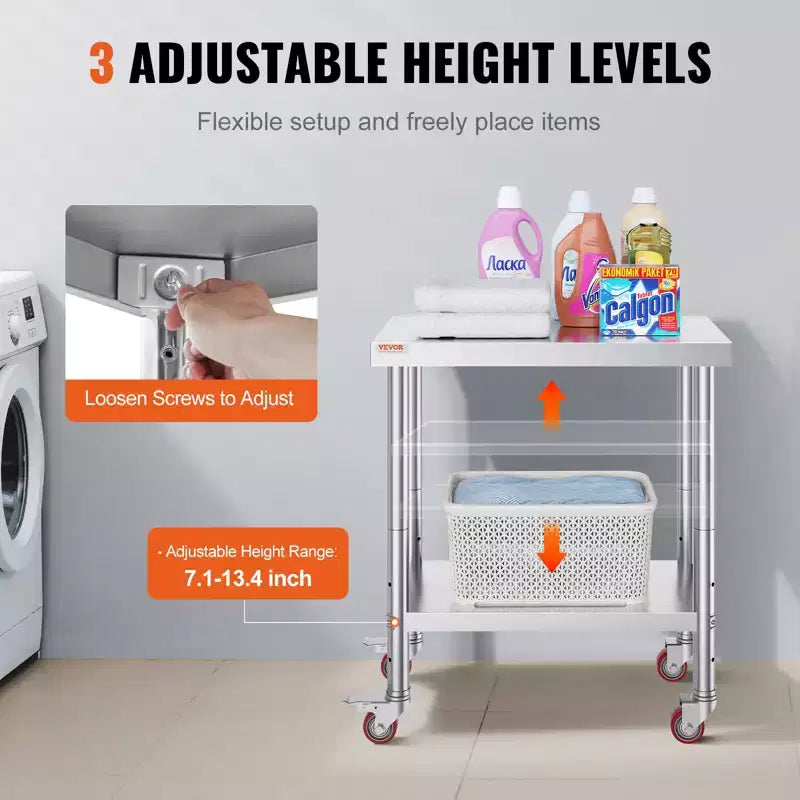 Table de Travail en Acier Inoxydable VEVOR 30 x 18 x 34 Pouces, Capacité de Charge 317,5 kg avec 4 Roues, 3 Niveaux de Hauteur Réglables, Argent