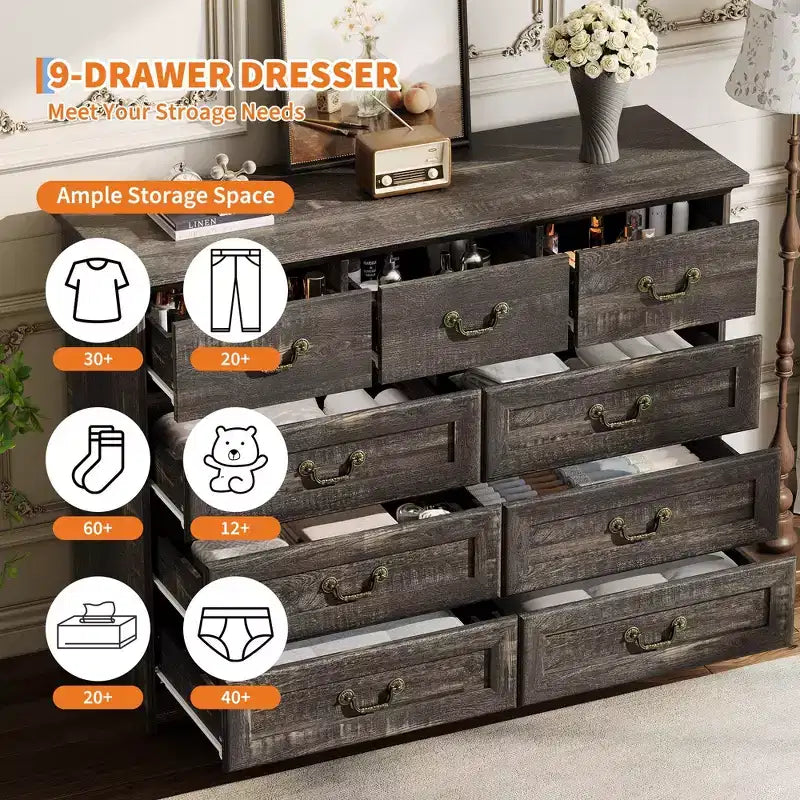 Commode GustoWave à 9 tiroirs pour chambre à coucher, commode en bois vintage de 120 cm de large, organisateur de rangement de style ferme pour salon, couloir, entrée